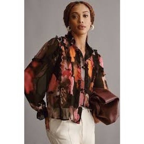 Hutch  • Bianca Button Front Chiffon Blouse Sz Small Romantic Pink Watercolor - Picture 2 of 10